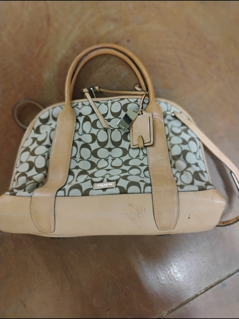 Coach Signature Canvas Satchel in Khaki and Tan Leather
